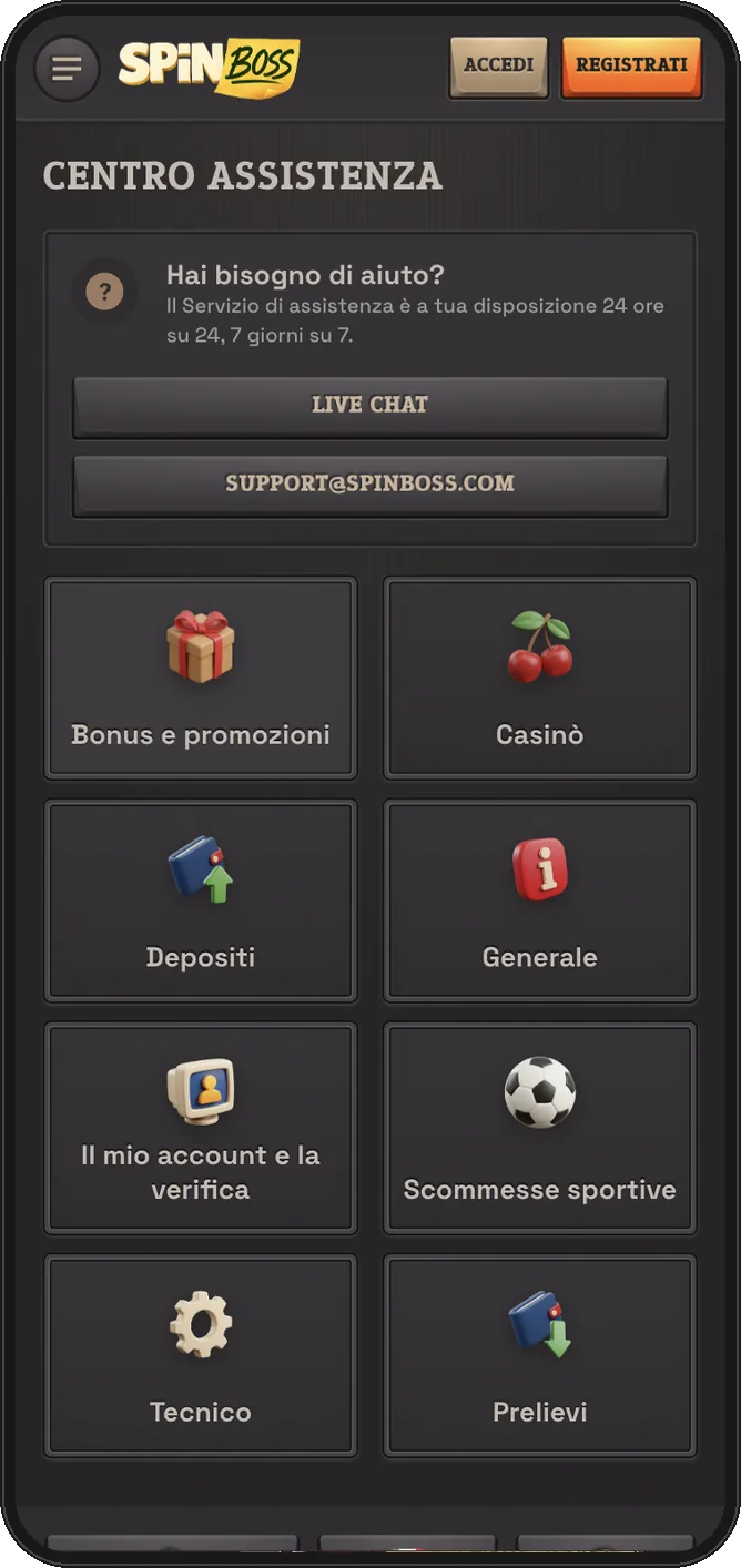Centro assistenza SpinBoss da mobile: live chat 24/7, e-mail e categorie FAQ