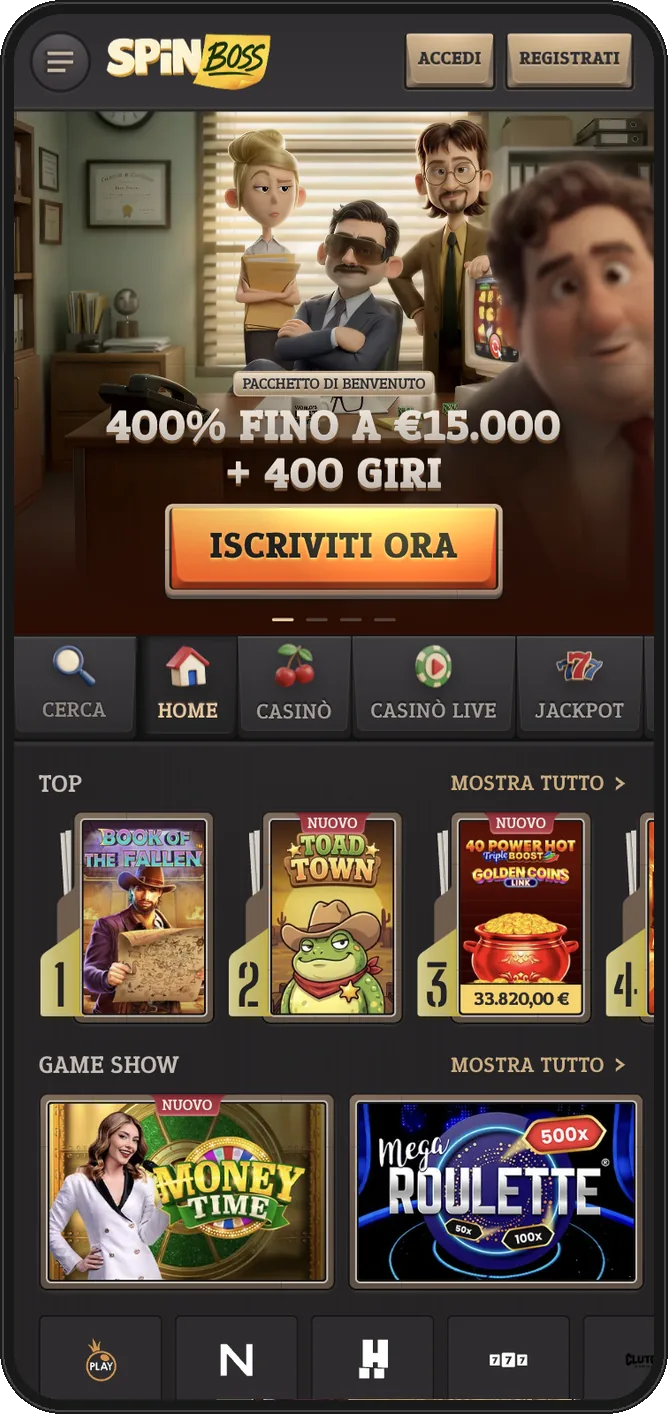 Lobby mobile di SpinBoss Casino con il pacchetto di benvenuto 400% fino a €15.000 + 400 giri e i giochi Top