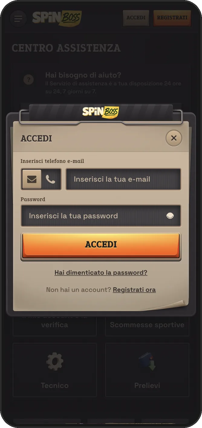 Schermata di login SpinBoss da mobile con accesso via e-mail o telefono e recupero password